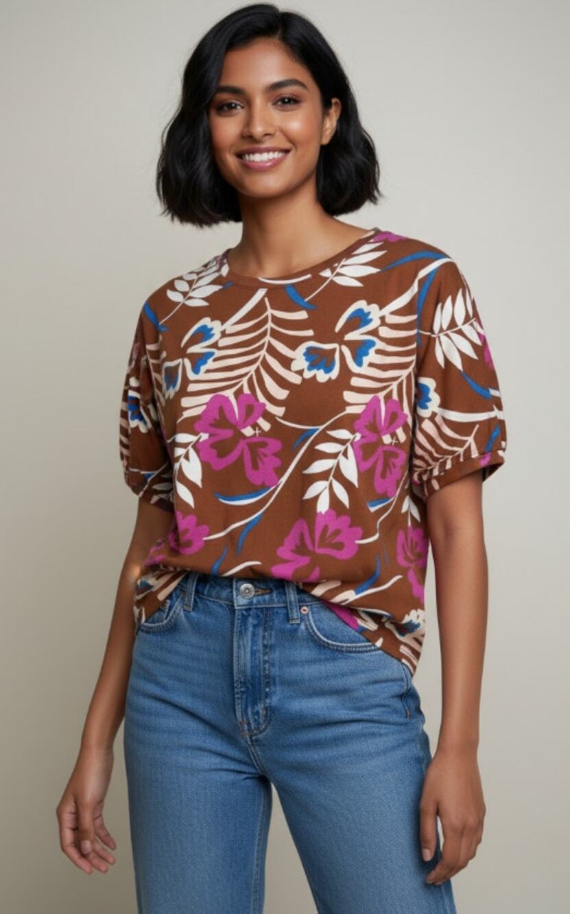 CATO TOP WOMENS SIZE LARGE COTTON BLEND TROPICAL PRINT BLOUSE BROWN MULTI NEW